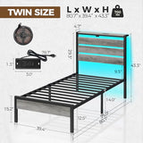 Rolanstar Bed Frame Twin Size with USB Charging Station, LED Bed Frame with Wood Storage Headboard, Light Grey Metal Platform Bed with Under Bed Storage, No Box Spring Needed, Noise Free Rolanstar