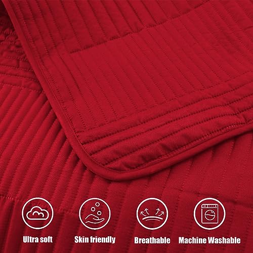 Whale Flotilla Ultra Soft King Quilt Bedding Set, Lightweight Microfiber Red Quilts Bedspreads Oversized, 3 Piece Ultrasonic Geometric Coverlet Bed Cover for All Seasons