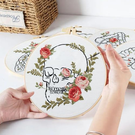5 Sets Skull Embroidery Kits for Beginners Adults, Anatomy Embroidery Starter Kit for Doctors Nurses Christmas Gifts with Floral Stamped Pattern DIY Needlepoint Kit Cross Stitch Set Includes 2 Hoops CMINAUS