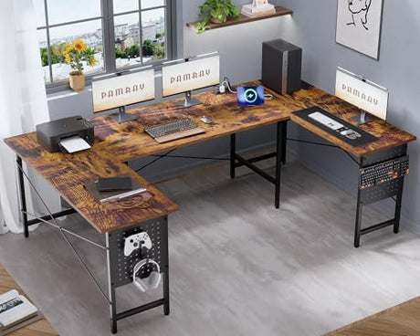 Pamray 71 Inch Large Computer Desk with Power Outlets,U Shaped Corner Desk for Home Office Work and Gaming Vintage Pamray