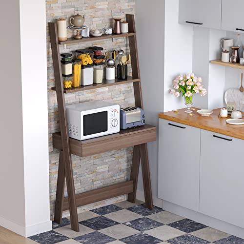 Tangkula Walnut Ladder Desk with 2-Tier Bookshelf and Drawer for Modern Storage Solutions - WoodArtSupply