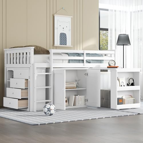 VilroCaz Twin Size Low Loft Bed with Pulling-Out Desk and Storage Cabinets, Multiple Functions Wooden Loft Bed Frame with Storage Shelves and Drawers for Kids Teens Boys Girls (White-1.16) VilroCaz
