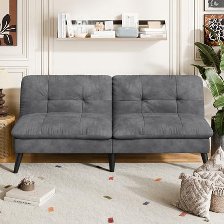 Vongrasig Futon Sofa Bed Velvet Futon Couch with Adjustable Backrest, Small Convertible Folding Sleeper Sofa Bed, Modern Loveseat for Living Room, Bedroom and Small Space, Gray Vongrasig