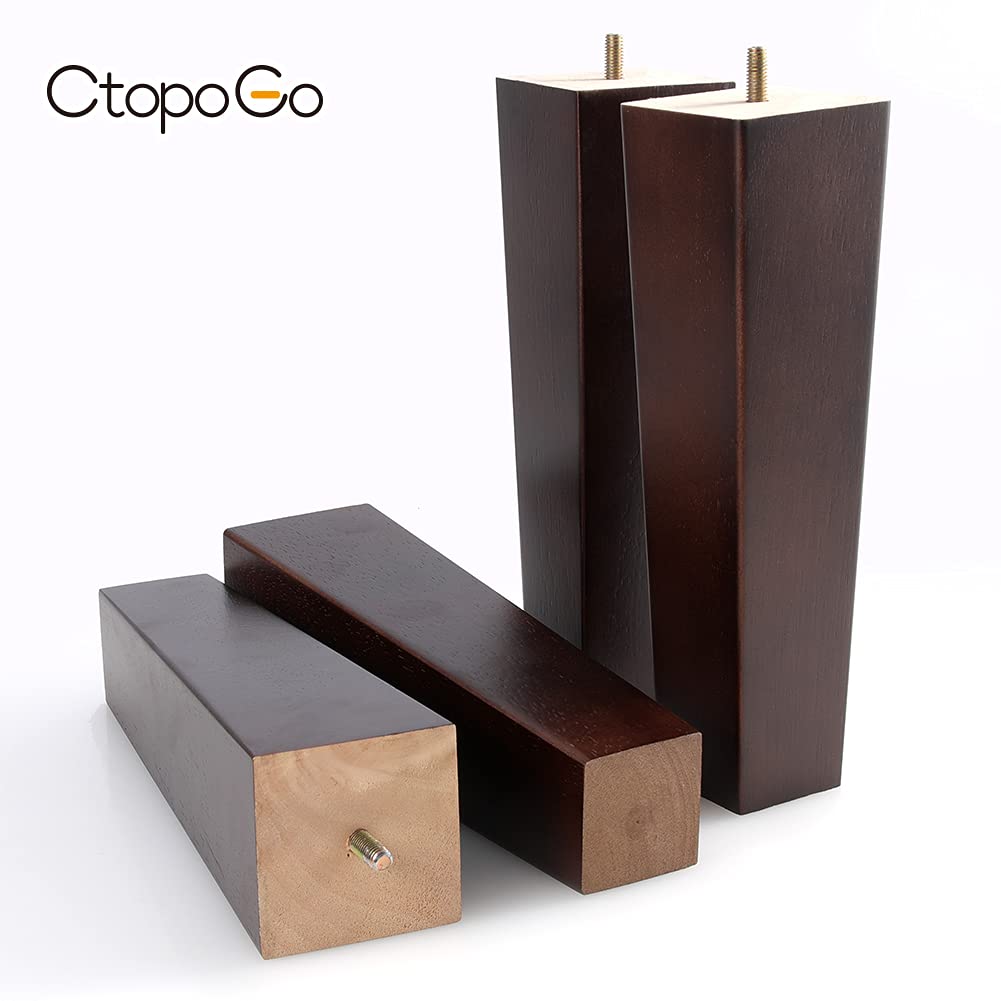 8 Inch Wood Furniture Legs, Wooden Couch Sofa Leg Feet Set of 4, Mid-Century Modern Walnut Square Replacement Legs for Sectional Nightstand Armchair Recliner Table Dresser Sideboard CtopoGo