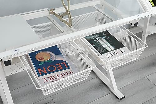 Landpink Glass Drafting Table Art Desk – Adjustable Professhional Artwork Drawing Drafting Table Desk, Glass-Topped Art Table for Craft Station Studio Home Office School w/Drawers/Chair (White) Landpink