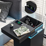 ADORNEVE Nightstand with Charging Station and LED Lights,Night Stand with Sliding Top,Bedside Table with Drawers,Modern End Side Table for Bedroom,Black ADORNEVE