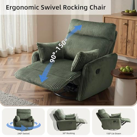 Swivel Recliner Chair for Adults, Corduroy Nursery Glider Rocking Chair, Armchair with 2 Pillows, Comfy High Back Reclining for Small Spaces, Nursery Bedroom Living Room (Corduroy Green, 1 Pack) UNUQLIVCO