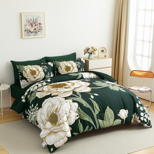 Luxudecor Floral Comforter Set Queen Size 7 Pieces Bed in a Bag,Beige Flower Print on Dark Green Bedding Set,Soft Microfiber Bedding Set for All Season (Dark Green,90"x90") Luxudecor