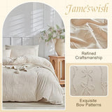 Jameswish 7 Pieces Bow Tufted Boho Comforter Set Khaki Farmhouse Shabby Chic Embroidered Bedding for All Seasons Twin Size with Comforter Sheets Pillowcases Shams Jameswish