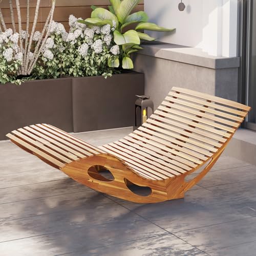 Tangkula Outdoor Double Chaise Lounge Chair, Acacia Wood Rocking Sunbed with Slatted Backrest and Seat, Wooden Loveseat Rocker for Patio, Garden and Poolside