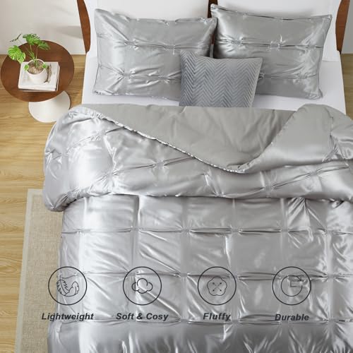 Lanest Housing Full/Queen Size Satin Comforter Set Grey, 3 Pieces Soft and Lightweight Silk Bedding, All Season Fluffy Down Alternative Comforter Bed Set Lanest Housing