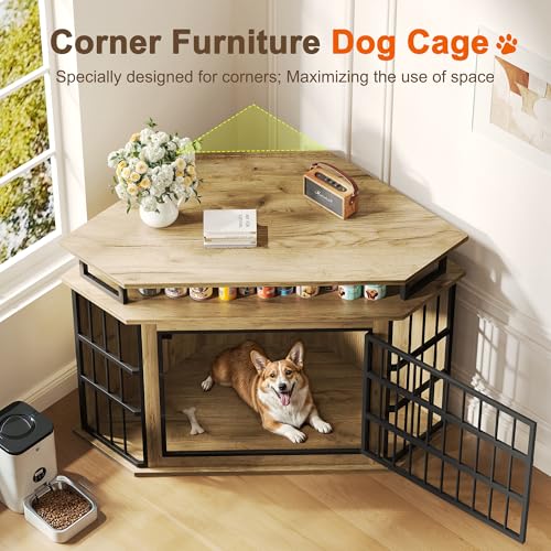 51" Corner Dog Crate Furniture, Wooden Dog Kennel Furniture with 2-Tier Shelves, Decorative Wood Dog House for Small/Medium/Large Dog, Space-Saving Dog Cage for TV Stand（Oak） VONZOY
