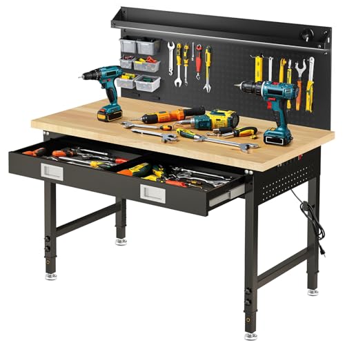 48" Adjustable Work Bench with Drawers, Workbench for Garage with Strip Light, Work Table with Large Pegboard, 2000 LBS Heavy Duty Table with Power Outlet Rubber Wood for Office, Workshop FIXCHIGO