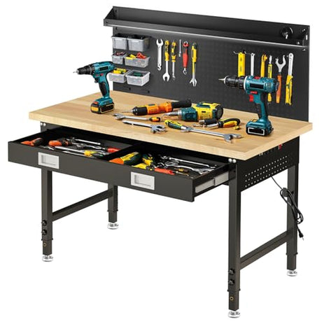 48" Adjustable Work Bench with Drawers, Workbench for Garage with Strip Light, Work Table with Large Pegboard, 2000 LBS Heavy Duty Table with Power Outlet Rubber Wood for Office, Workshop FIXCHIGO
