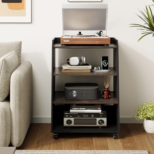 Rresyet 22.1" 4-Tier AV Media Stand with Wheels, Wooden Record Player Stand with LED Lights，Stereo Rack and Game Console Stand for Music Room, Living Room Rresyet