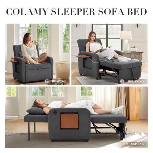 Convertible Sleeper Chair-Fabric Futon Sofa Bed, Single Sleeper Sofa, Small Couch Bed with USB Port, Foldable Table, Pillow, Adjustable Backrest for Dorm/Bedroom/College Darkgrey COLAMY