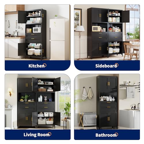 ZLBRDS 75” Tall Kitchen Pantry Storage Cabinet, Metal Storage Cabinet with 2 Drawers and Adjustable Shelves, Kitchen Pantry Cupboard, Freestanding Cupboard for Bathroom, Living Room(Black) ZLBRDS