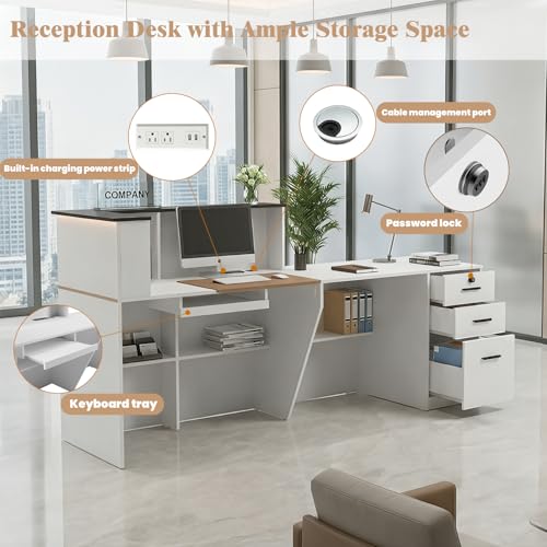 Modern Reception Desk with Counter,L-Shaped Reception Desk,86.6" Front Counter Table with Adjustable File Cabinet & Keyboard Tray,Suitable for Offices,Lobby,Hotel（R-high） Laxodor