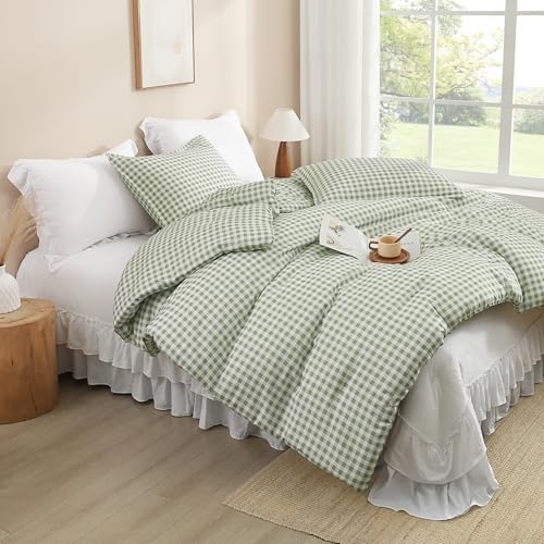 Andency Sage Gingham Comforter Set Full(79x90Inch), Green Checkered Grid Plaid Buffalo Bed Set for Girls Boys Kids Teens, 3 Pieces Lightweight Microfiber Geometric Preppy Bedding Andency
