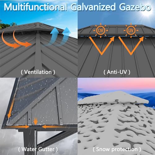 Yardsight 12' x 16' Hardtop Gazebo, Aluminum Frame Galvanized Steel Double Roof Pavilion Heavy Duty Permanent Gazebo with Mosquito Netting and Privacy Curtain for Patio, Garden, Lawn. - WoodArtSupply