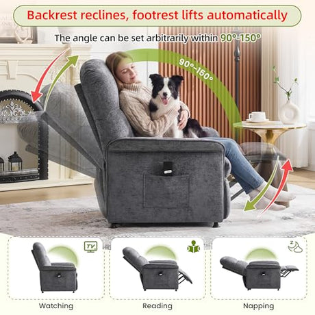 UMBFUN Power Recliner Chair with Remote Control, 21" Wide Seat Small Recliners with Side Pocket for Adults, Thick Cushions Chair for Living Room & Bedroom, Light Grey UMBFUN