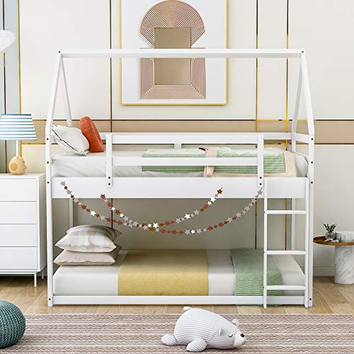 ZJIAH Twin Over Twin Solid Wood House Bunk Bed with Ladder and Safety Guardrails - Fun and Stylish Sleep Solution for Teens ZJIAH