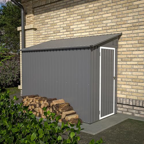 YOPTO 4×8 FT Lean to Metal Shed,Outdoor Heavy-Duty Storage Shed with Floor Base,All Weather Waterproof Garden Tool House W/Lockable Door&2 Air Vents,Reversible Door Design,for Backyard,Patio,Lawn,Gray YOPTO