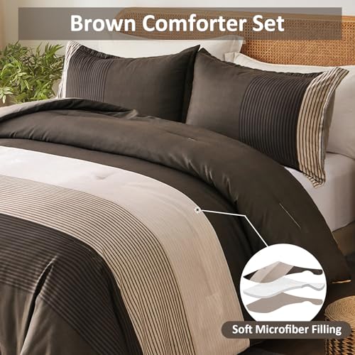 Brown Comforter Set King, Reversible Brown Striped Down Alternative Comforter for King Bed,3 Pieces (1 Comforter+2 Pillowcases), Soft Microfiber Bedding Duvet Set 104"×90" WONGS BEDDING