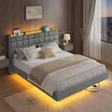 VASAGLE Queen Size Floating Bed Frame with LED Lights, Upholstered Queen Bed Frame with Charging Station, Tufted Storage Headboard, Noise-Free, No Box Spring Needed, Light Gray URMB851G01SV1 VASAGLE