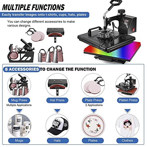 Heat Press, 8 in 1 Heat Press Machine 29x38cm/12x15 inch, 360° Swing Away Digital T Shirt Pressing Machine, Multifunction Heat Transfer Sublimation Combo for T Shirts Mugs Hat Plate Cap WoodArtSupply