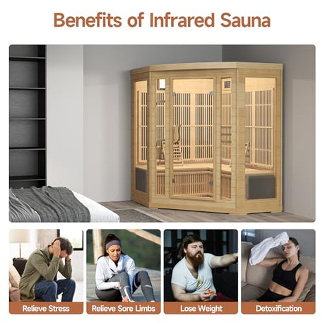 springspa Infrared Sauna 4 Person, Low EMF Far Infrared Sauna for Home, Indoor Corner Sauna, Hemlock Wooden Dry Sauna Room with Bluetooth Speaker, 7 Color Chromotherapy Lights springspa