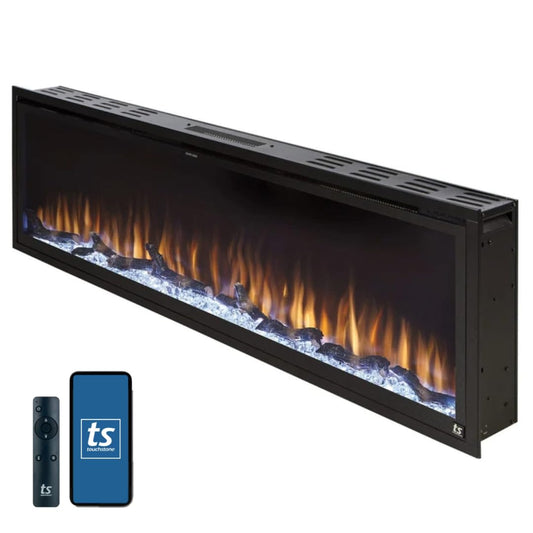 Touchstone Sideline Elite Smart 60” WiFi-Enabled Electric Fireplace - in-Wall Recessed - 60 Color Combinations - 1500/750 Watt Heater (68-88°F Thermostat) - Black - Log, Crystals & Driftwood - 80037