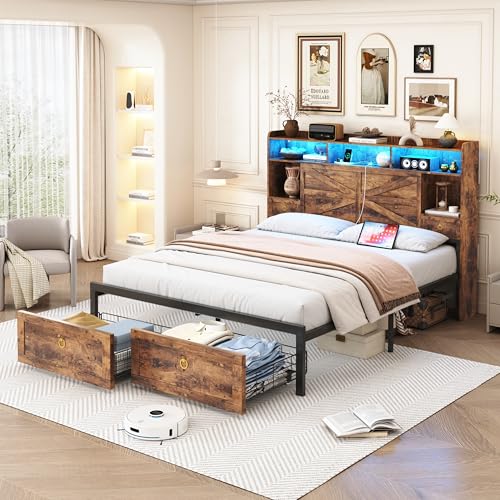 TIGUBFRE Full Bed Frame with 4 Drawers Bookshelf Headboard, Farmhouse Bed Frame with Charging Station & LED Lights, Metal Slats Support, Noise Free, No Box Spring Needed Rustic Brown TIGUBFRE