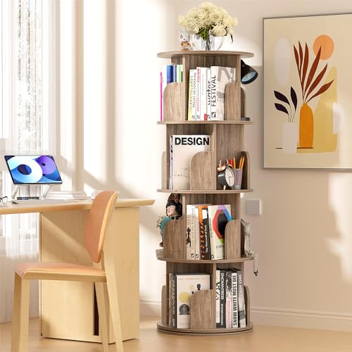 GOOFCXO 4-Tier 360° Rotating Bookshelf - Oak Floor-Standing Storage Rack for Home & Office - WoodArtSupply