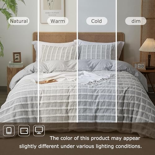 Ranunculus Tufted Stripes King Duvet Cover Set, Fluffy Washed Microfiber Grey Duvet Cover King Size with Button Closure & 2 Pillow Shams for All Seasons, Comforter Not Included (Grey Check,104"x90") Ranunculus