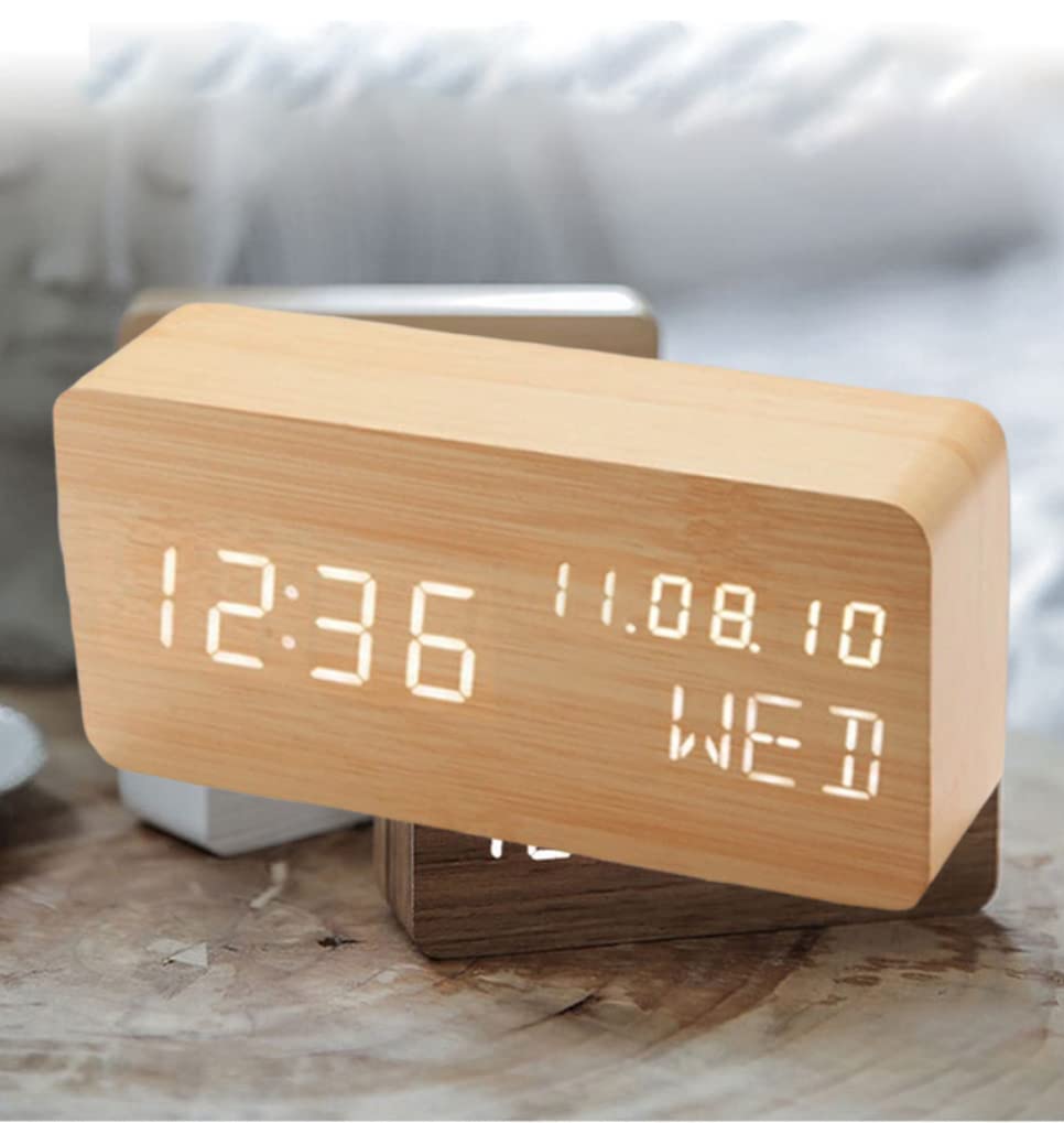 Pokanic Wood Digital Alarm Clock Desk Time, Date(MM/DD/YY), Day of The Week, Temperature, Nightlight Large LED Display Portable Lamp Bedroom, Office, School, Home, Livingroom, Room (Bamboo) Pokanic