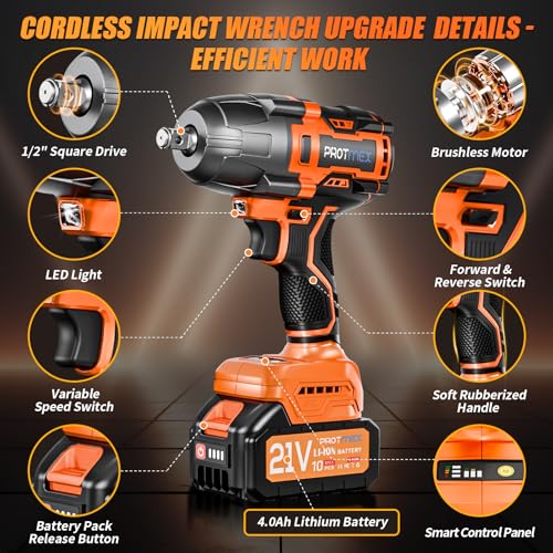 Protmex Cordless Impact Wrench, 900Ft-lbs (1200N.m) 1/2" Brushless Impact Gun, 21V High Torque Power Impact Driver, 2x4.0Ah Batteries Electric Impact Motor Variable Speeds for Car/Truck RV/Mower Protmex