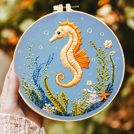 ACRNIGHEET 6PCS Embroidery Kit for Adults Beginners, Sea Animals Embroidery Starter Kit, Stamped Cross Stitch Kits for Crafts Lovers Gift Idea, Include Instructions 6 Stamped Embroidery Cloth 2 Hoop ACRNIGHEET