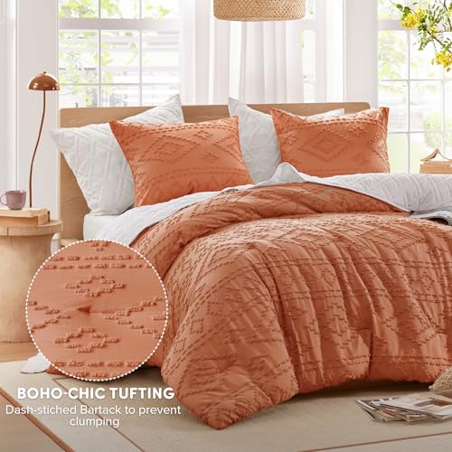 Comfort Spaces Comforter for Queen Size Bed, Geometric Diamond Tufted Boho Comforter Set Queen, All Season Lightweight Bedding Set, Matching Sham, Full/Queen Terracotta 3 Piece Comfort Spaces