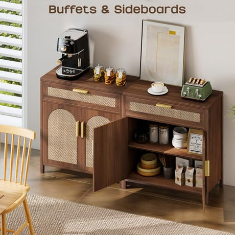 Curlaky Rattan Buffet Cabinet with Storage, Sideboard Cabinet with Doors and Shelves, Accent Coffee Bar with Drawers, Farmhouse Kitchen Storage Cabinets, Wood credenza for Entryway, Living Room Walnut Curlaky