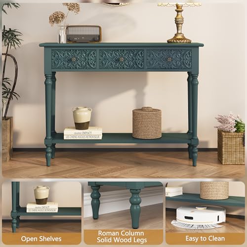 3More Entryway Console Table with 3 Drawers,42" Carved Hallway Table with Open Shelf,Long Sofa Table for Living Room, Hallway, Behind Couch,Green 3More