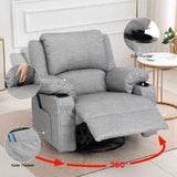 Swivel Recliner Chairs with Massage and Heat, Overstuffed Leather Rocker Recliner Chair for Adults, Manual Oversized Rocking Single Sofa Recliners with Cup Holders for Living Room,Grey KCREAM