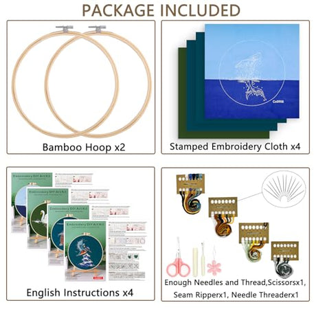 Picoey Embroidery Kit for Beginners with Animal Pattern and Instructions,4 Pack Cross Stitch Kits,2 Wooden Embroidery Hoops,Threads and Needles,Needlepoint Kit Picoey