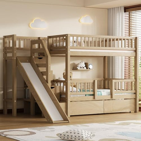 RUNNA Twin Over Twin Bunk Bed with Slide, Storage Drawers & Staircase, Solid Pine Wood Frame, No Box Spring Needed, Kids Bedroom Space-Saving Furniture (01-Walnut) RUNNA