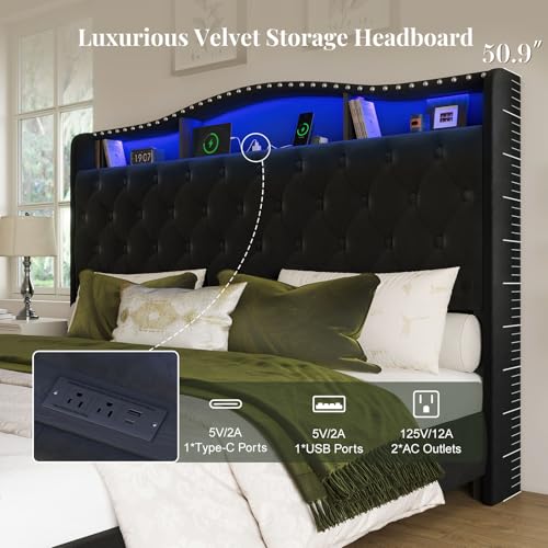 Belffin King Size Bed Frame and Headboard, 50.9" Velvet Upholstered Wingback Bedframe with LED Lights & Storage/Charging Station, Button Tufted Tall Footboard, No Box Spring Needed, Noise-Free, Black Belffin