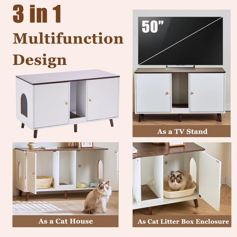 JanflyHome Litter Box Enclosure for 2 Cats, Double Hidden Litter Box Cabinet Furniture with Scratching Pad, Indoor Wood End Table Side Table Cat Washroom, White JanflyHome