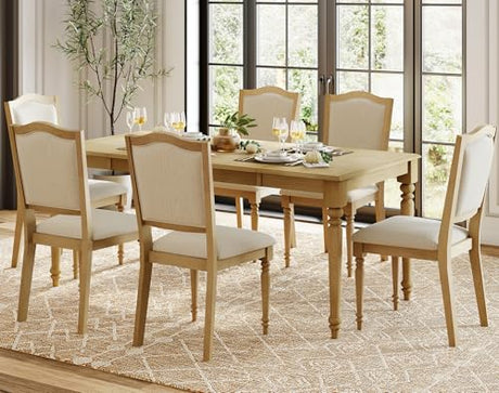 WAMPAT 7 Piece Dining Table Set, Rectangular Table for 6-8, 6 Dining Chairs with Upholstered Back & Rubber Wood Legs, Kitchen Table with Chairs for Dining Room, Oak WAMPAT
