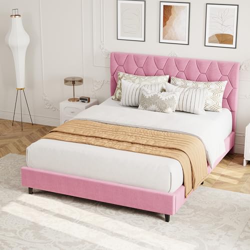 GAOMON Pink Full Bed Frame with Upholstered Headboard, Heavy-Duty Platform Bed Frame with Strong Wood Slats, No Box Spring Needed/Noise Free/Easy Assembly GAOMON