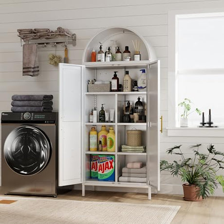JAORD Metal Arched Kitchen Pantry Cabinet with 4 Adjustable Shelves, Farmhouse Arched Cabinet with 2 Doors for Kitchen,Bedroom,Living Room,White, Assemble Required,13.8" D x 27.6" W x 66.9" H JAORD
