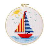 Zhenqing Sailboat Cross Stitch Kit for Beginners with Hoop, 14CT Striped Boat Design, 16x16cm Nautical Embroidery Set (70823)